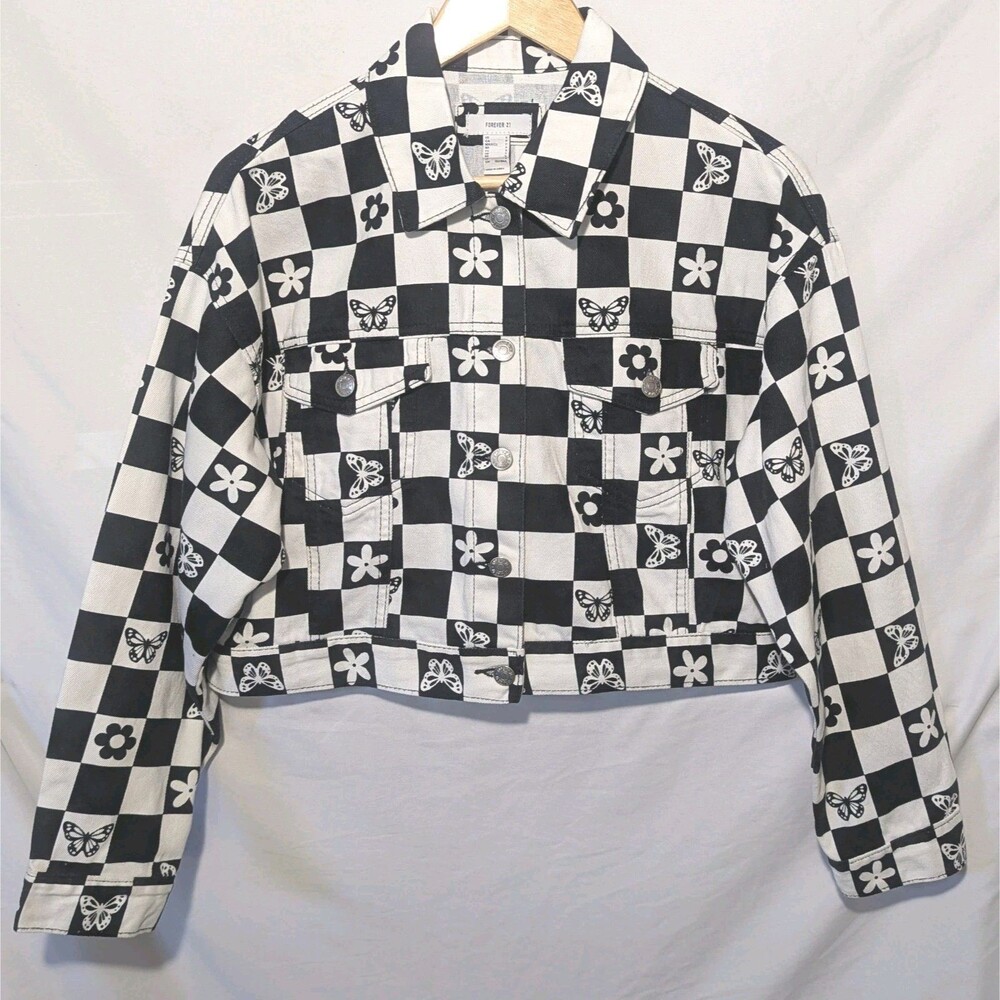 Cropped Checkered Black White Denim Jacket Forever 21 Women Sz Small Butterflies